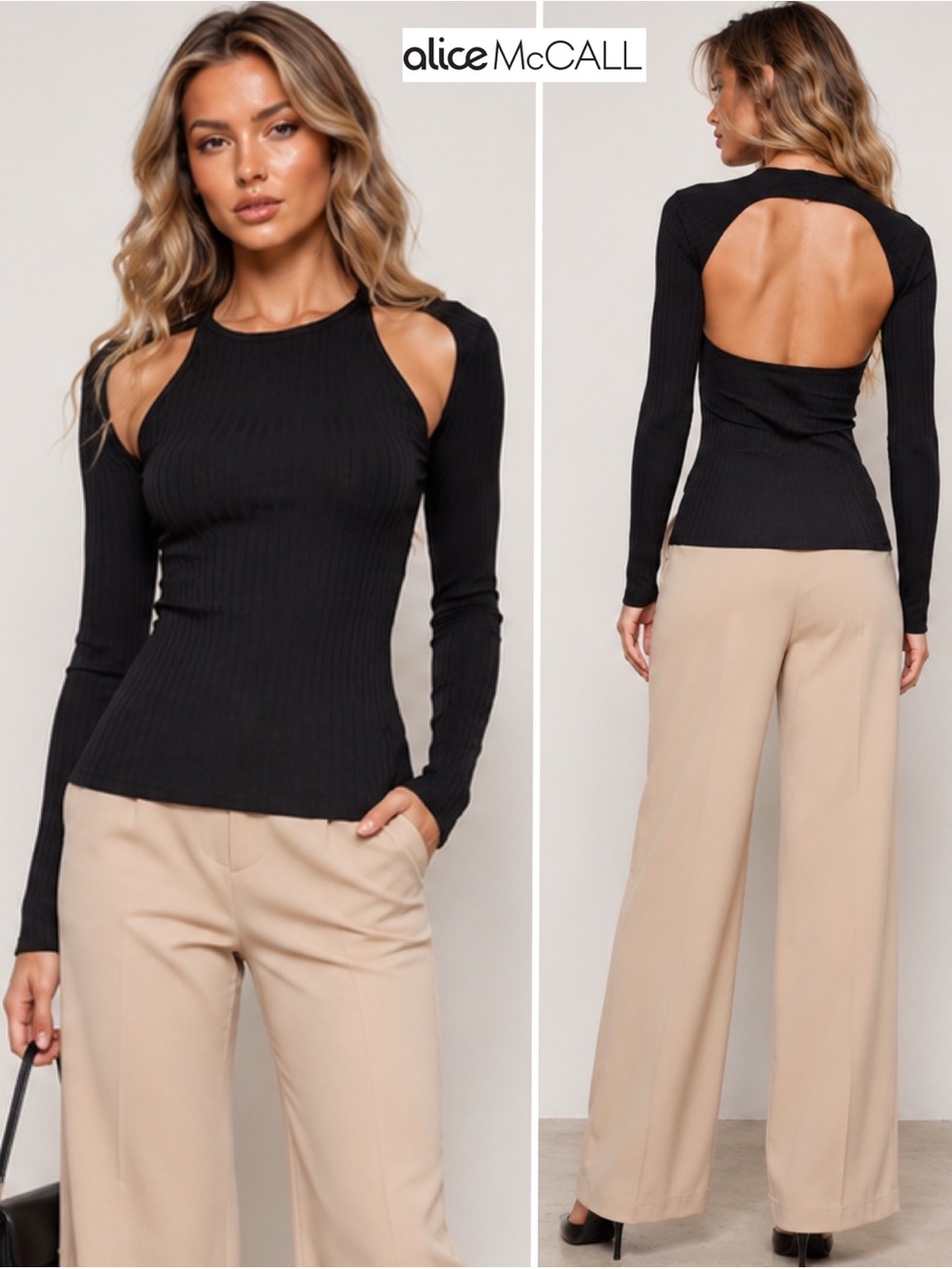 Alice McCall Black Ribbed Cold Shoulder Open Cut Out Back Long Sleeve Top NWT 6